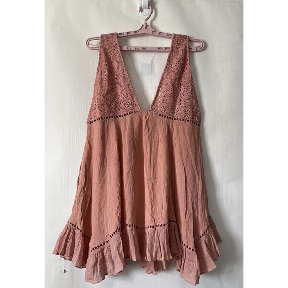 FREE PEOPLE Freya Mini Dress w/ Pockets & Lace Accents - Peach - Large NWOT - Picture 1 of 11